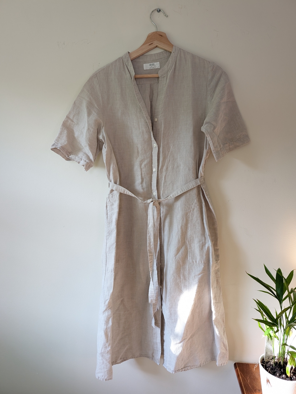 Uniqlo Light Beige Linen Midi Dress with Waist Tie